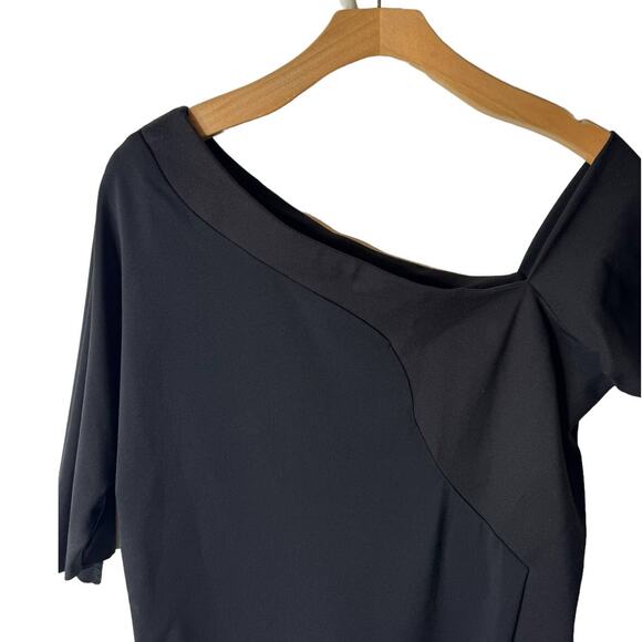 PLANET Lauren G Small Black Mixed Media Asymmetric Off-Shoulder Short Sleeve Top - Picture 2 of 8